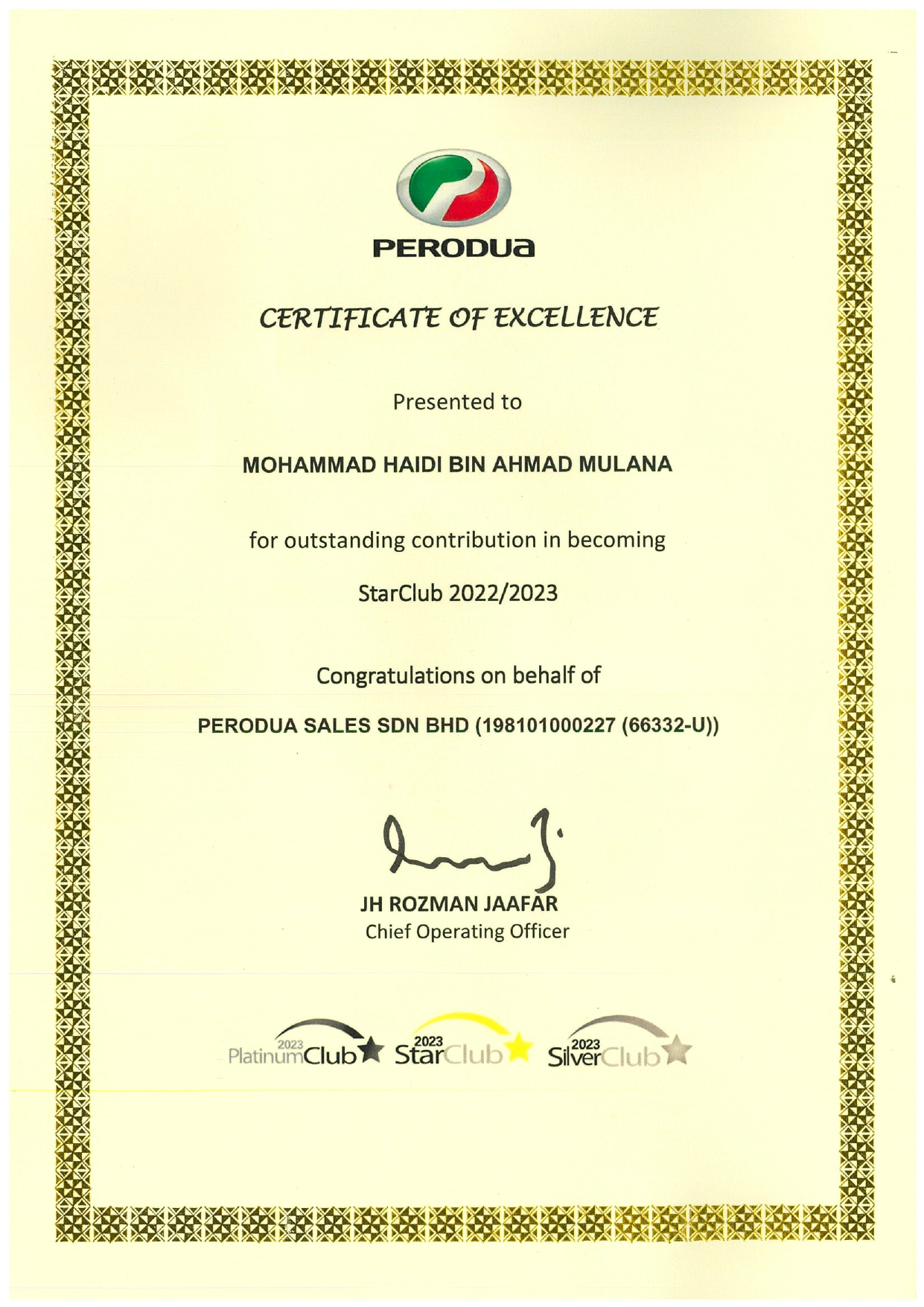 Outstanding Contribution 2022/2023 - Mohd Haidi Perodua